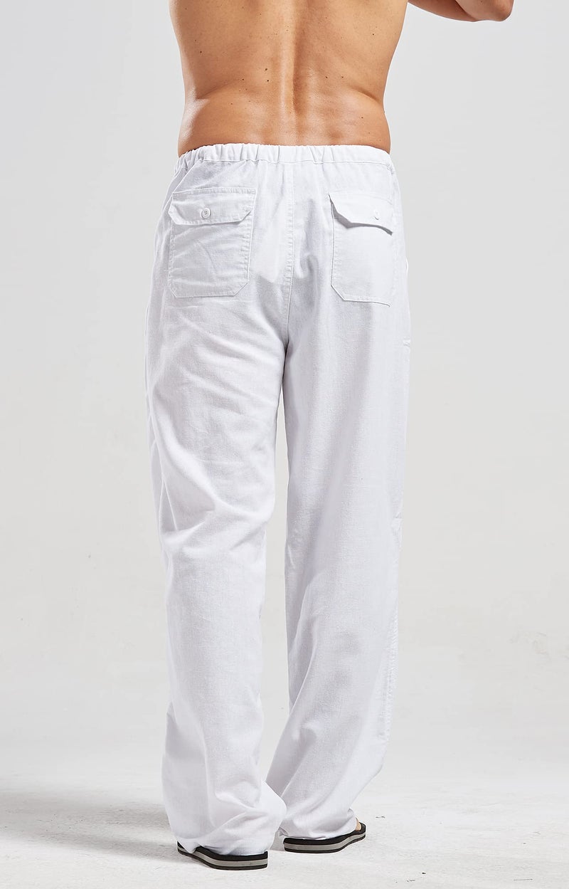 utcoco Qiuse Men's Casual Loose Fit Straight-Legs Stretchy Waist Beach Pants (Small, White) - Image 3